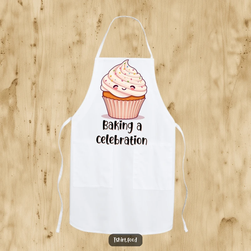 Funny apron featuring a cheerful cupcake character covered in tiny confetti, adding a humorous and festive touch to baking.