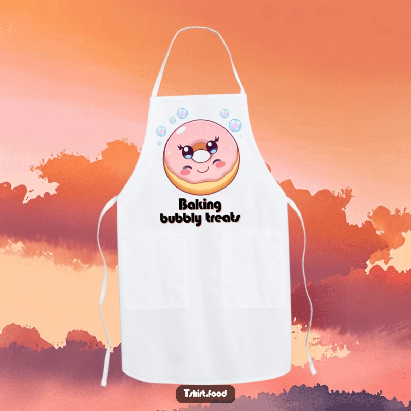 Funny apron with a cheerful donut character happily blowing iridescent bubbles, adding a sweet and humorous touch to baking tasks.