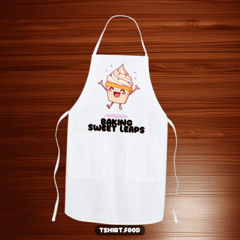 Funny leaping cupcake apron showing a happy cupcake mid-leap with frosting raining down, perfect for adding sweet kitchen humor.