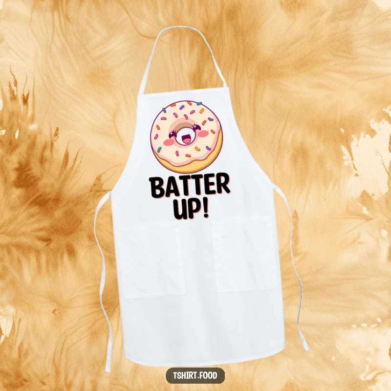 Funny Apron: A happy donut with colorful sprinkles is depicted bouncing excitedly, ready to add a sprinkle of fun to your cooking.