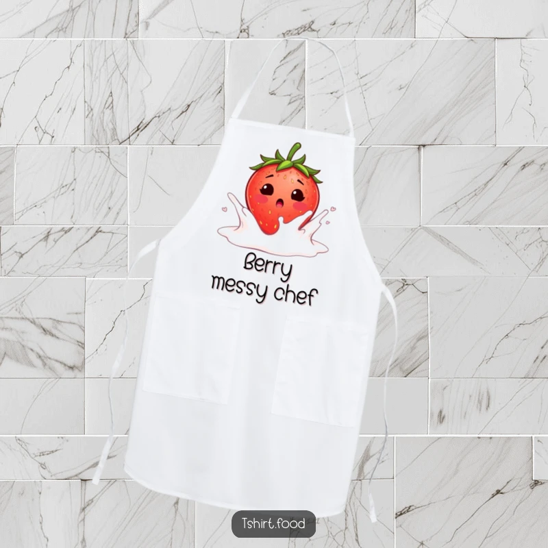 Funny surprised strawberry blushing as it falls into a milk splash apron, a blushing strawberry landing in creamy milk, perfect for humorous cooking.