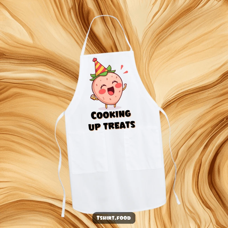 Funny Strawberry Party Apron: An excited strawberry in a party hat blowing a horn, a fun kitchen accessory.