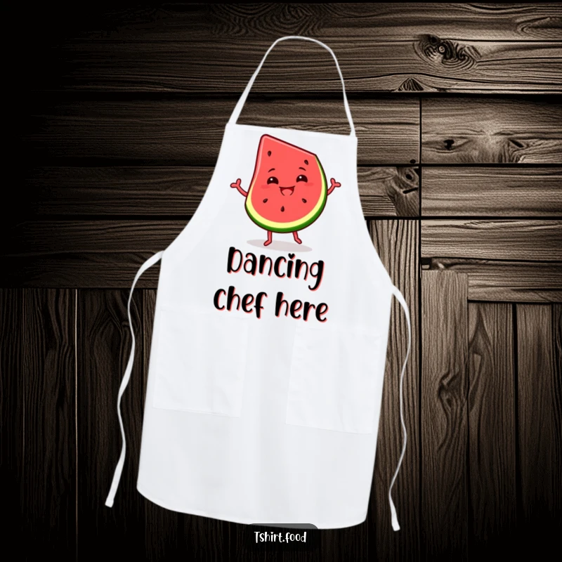 Funny apron illustration of a slice of watermelon dancing with a silly grin, bringing summer fun to the kitchen.