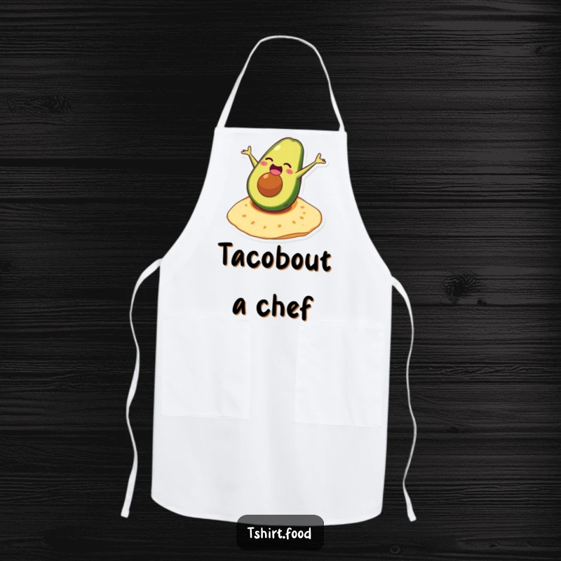 Funny avocado apron showing a laughing character executing a somersault on a tortilla, perfect for a fun cooking experience.