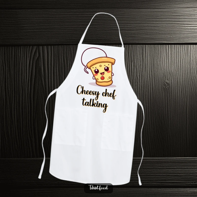 Funny apron showing a cheesy pizza slice peeking from a speech bubble, perfect for humorous cooking and kitchen fun.