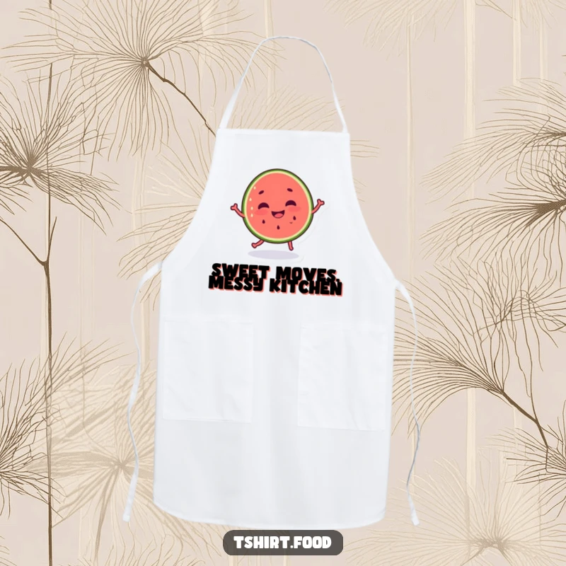 Funny dancing watermelon apron, silly grin, kitchenwear for cooks who love humor and fruit. Great funny gift.