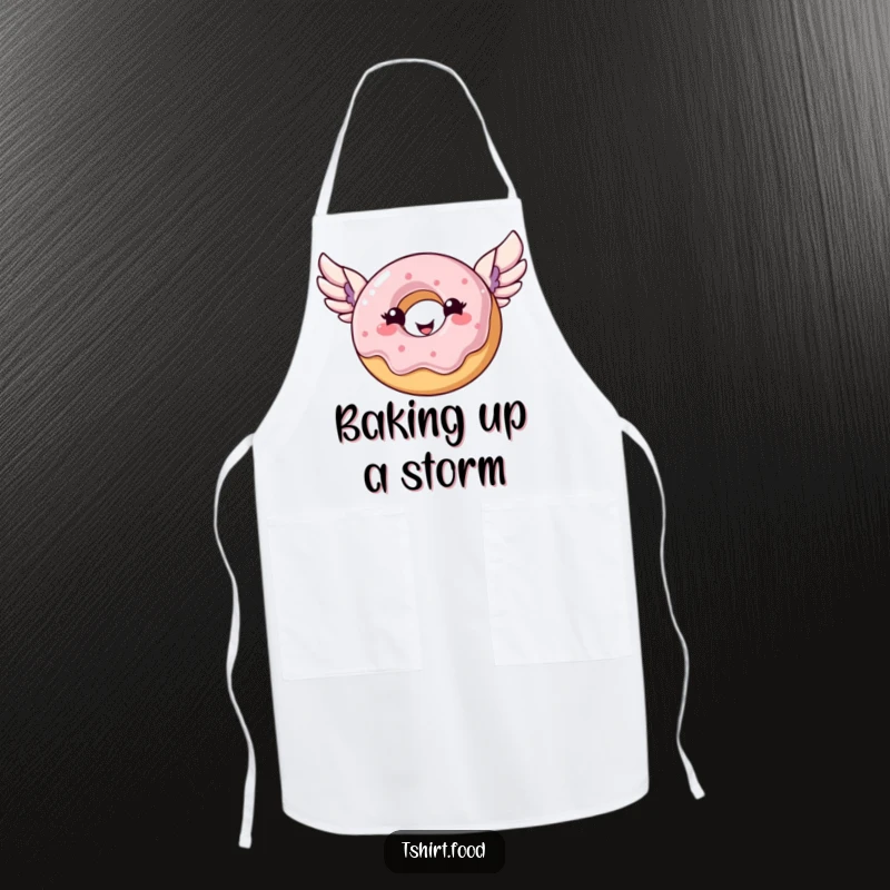 Funny donut apron showing a happy donut with wings expertly flying, a delightful kitchen accessory.