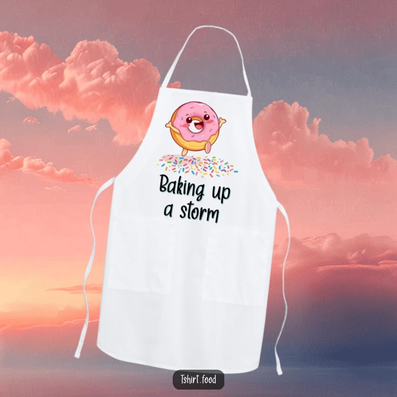 Funny Donut Sprinkle Leap Apron depicting a happy donut character jumping over sprinkles, designed for kitchen protection and cheerful baking experiences.