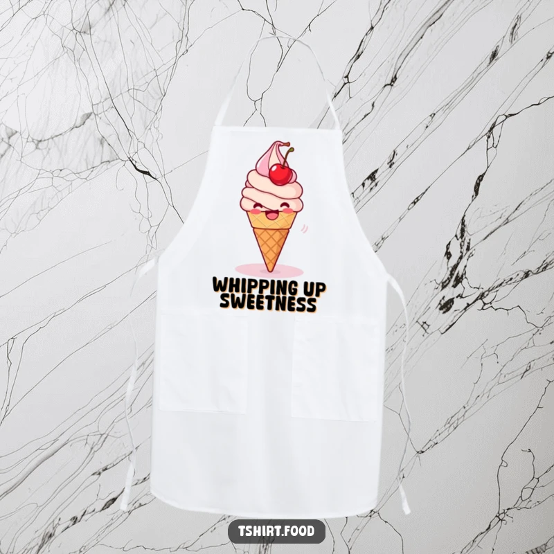 Funny Apron: A delighted ice cream cone spins playfully with a wobbling cherry, perfect attire for a fun dessert chef.