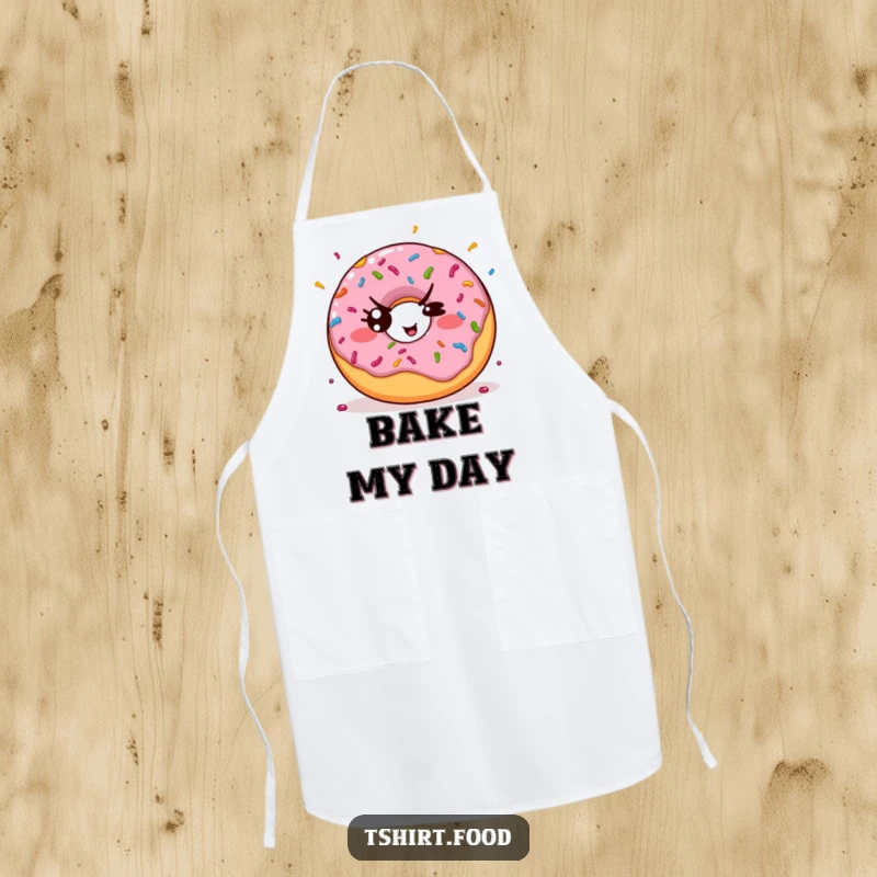 Funny apron showing a kawaii donut throwing colorful sprinkles with a mischievous wink, perfect for playful baking sessions.