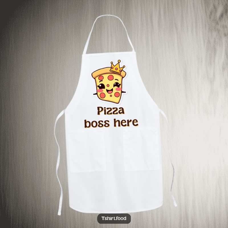 Funny Apron featuring a grinning pizza slice character with a tiny crown, perfect for adding regal fun to cooking.