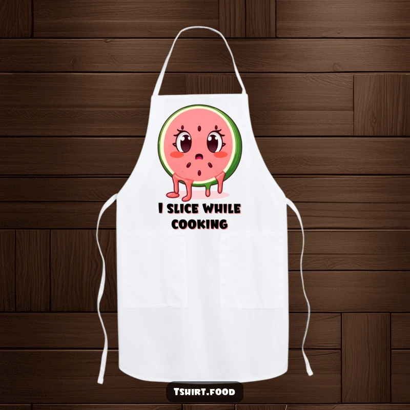 Funny surprised watermelon slice character with dripping seeds, eyes wide, on a kitchen apron. Fun for cooking.