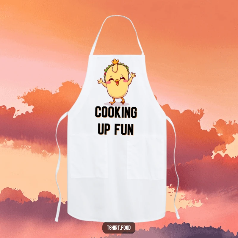 Funny Taco Chicken Dance Apron showing a giggling taco character with tiny feet performing the chicken dance, ideal for a humorous kitchen.