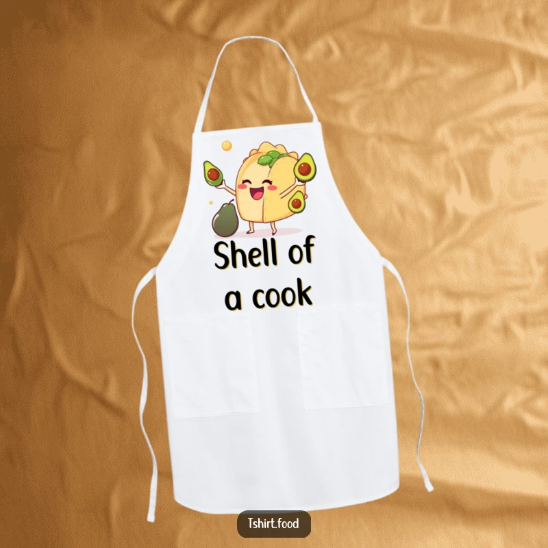 Funny apron depicting a happy anthropomorphic taco juggling tiny avocados, perfect for kitchen fun and as a humorous gift.
