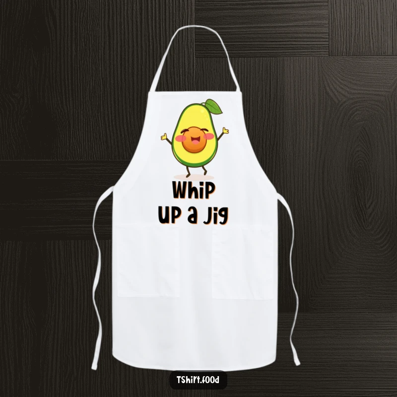 Funny winking avocado apron doing a happy jig, kitchenwear for food lovers who enjoy humor. Great funny gift.