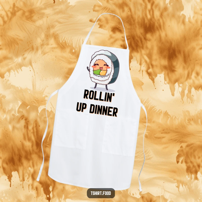 Funny apron showcasing a winking sushi roll with tiny legs dancing, perfect for kitchen fun and humorous cooking.