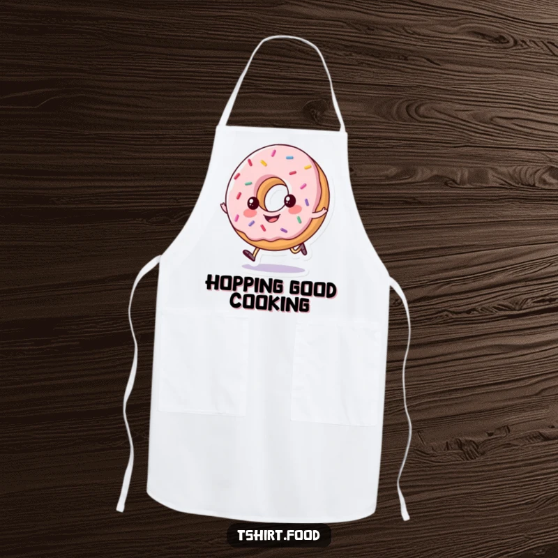 Funny apron showing a happy, sprinkled donut doing a little hop, perfect for humorous baking and kitchen fun.
