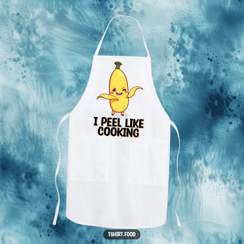 Funny banana character peeling itself with a mischievous grin, on a kitchen apron. Fun for cooking.