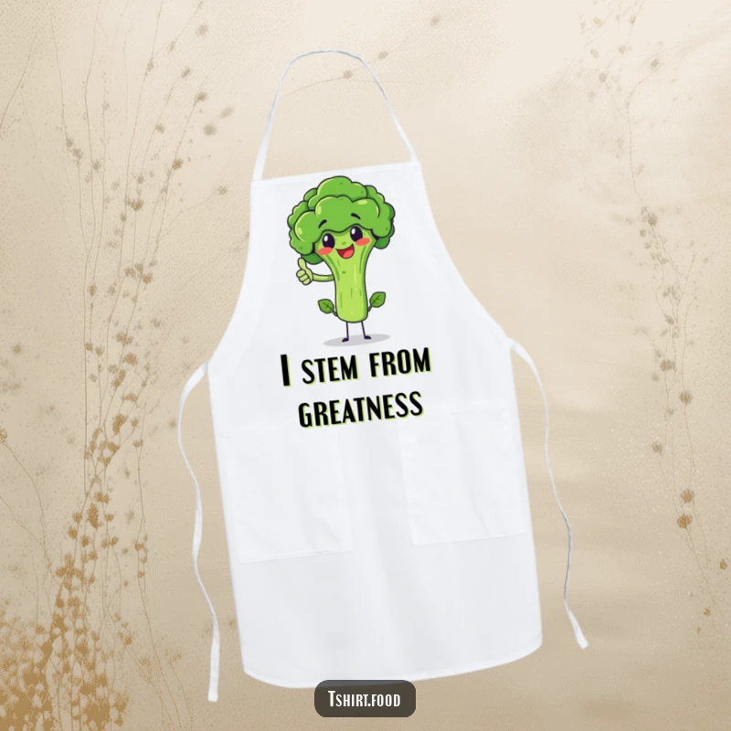 Funny broccoli character giving a thumbs up, balancing on its stem, on a kitchen apron. Wearable humor for cooking.