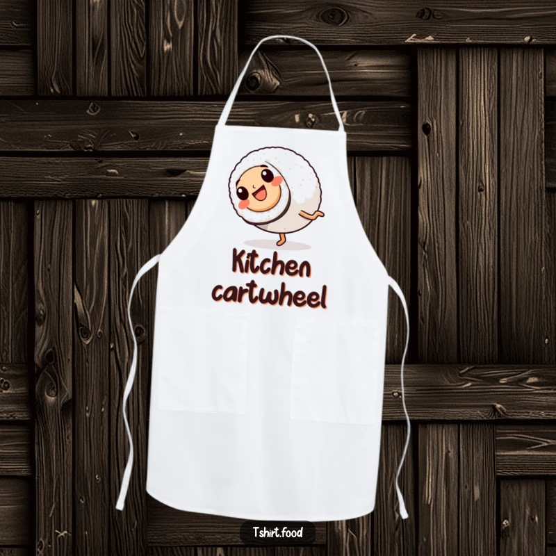 Funny Apron: A sushi roll with legs performs a cheerful cartwheel, ready to add a dash of playful energy to your kitchen tasks.