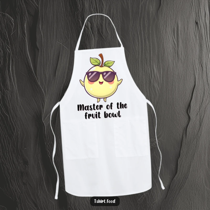 Funny winking plum in sunglasses, balancing expertly on a kitchen apron, ready for culinary humor.
