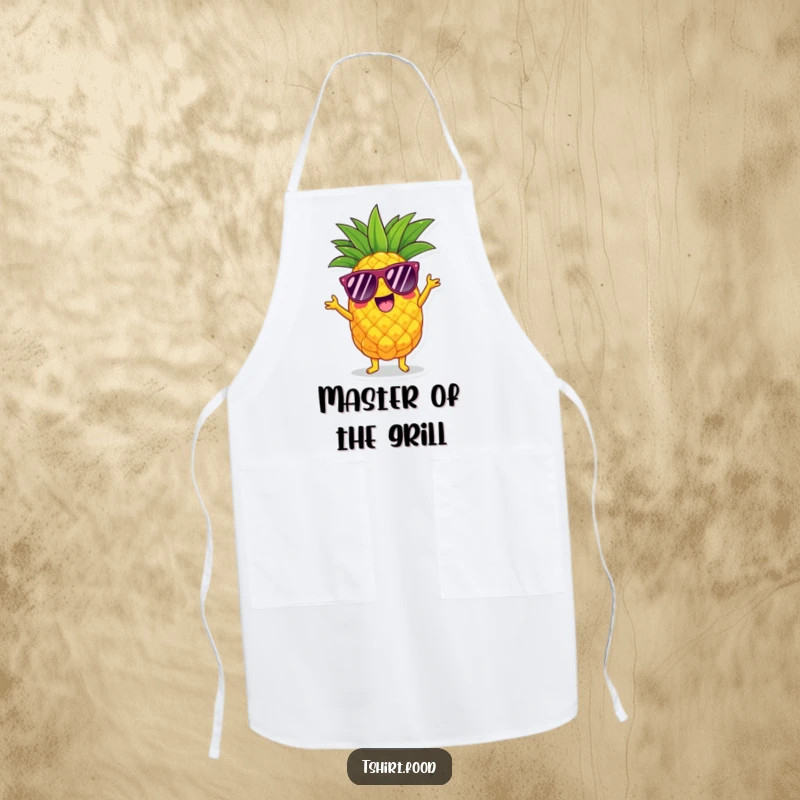 Funny pineapple apron showing a character in sunglasses doing a vibrant shimmy, perfect for a joyful cooking experience.