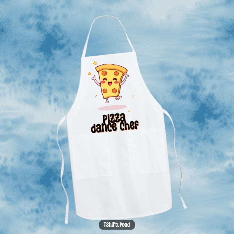 Funny apron showing a cheesy pizza slice character doing a happy dance with little legs, perfect for pizza-making parties and fun cooking.