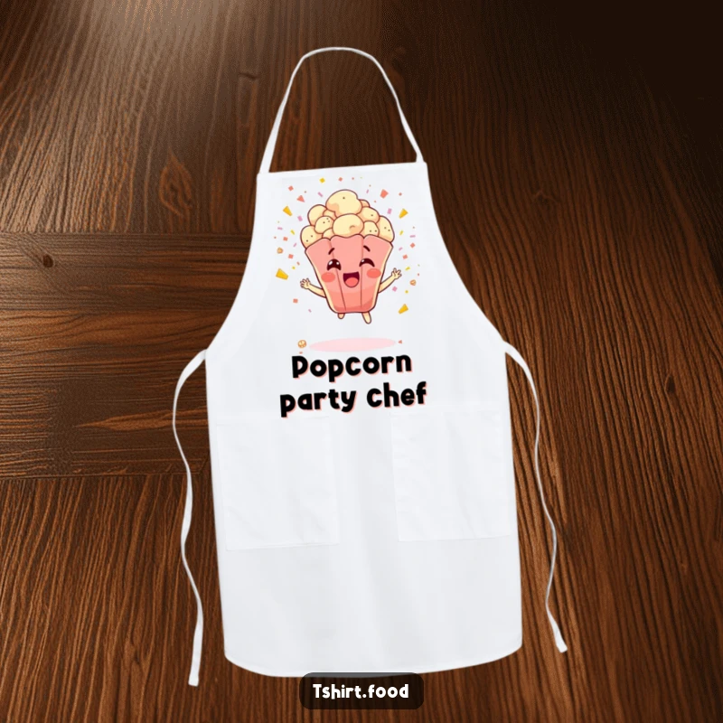 Funny Popcorn Apron: A delighted popcorn kernel explodes with confetti, bringing a festive and fun element to kitchen activities.