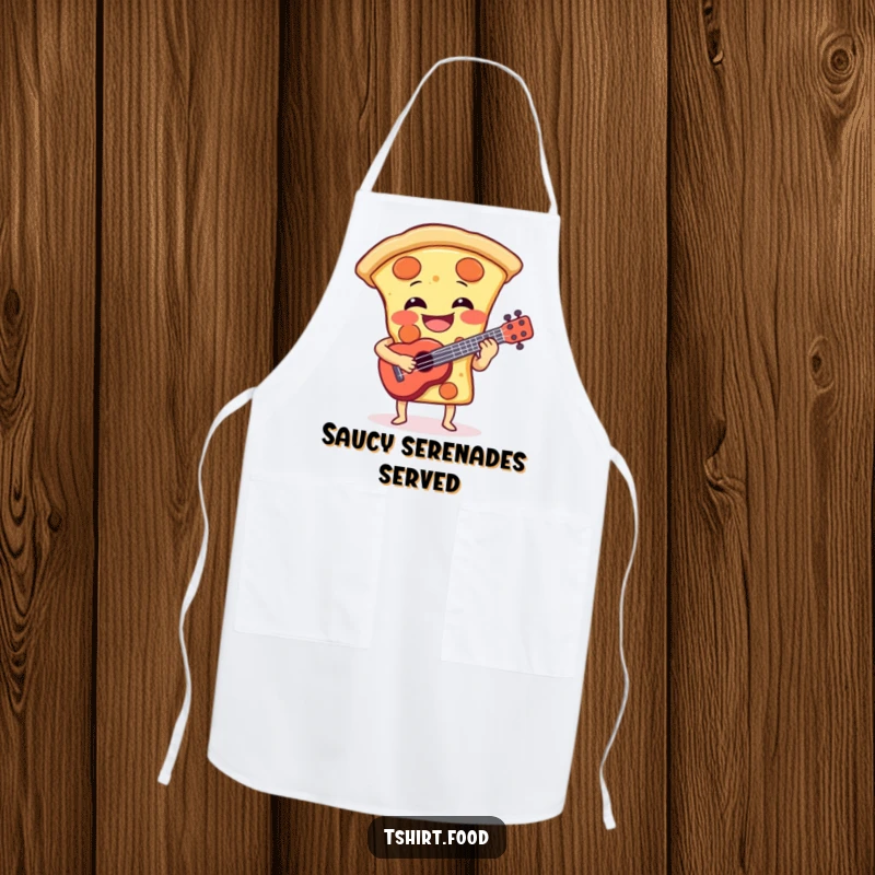 Funny apron showing a laughing pizza slice playing a small ukulele, perfect for adding musical fun to cooking and baking. A funny gift.
