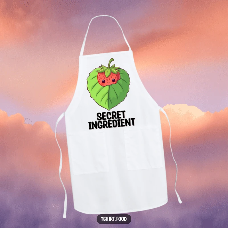 Funny apron illustration of a shy strawberry peeking from behind a large leaf, bringing gentle charm to the kitchen.