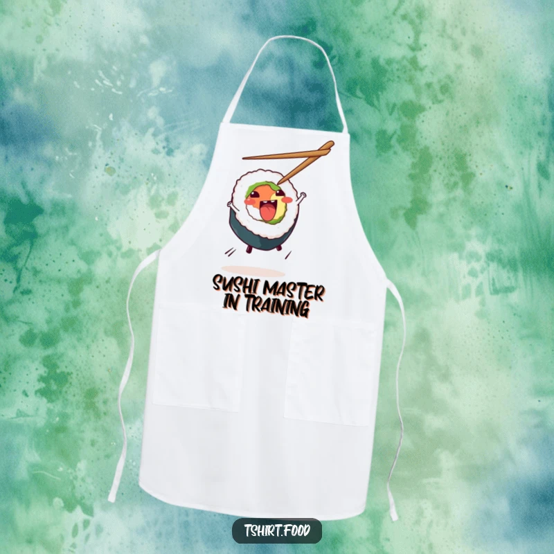 Funny Sushi Cartwheel Apron depicting an excited sushi roll performing a cartwheel, designed for kitchen protection and comedic enjoyment during cooking.