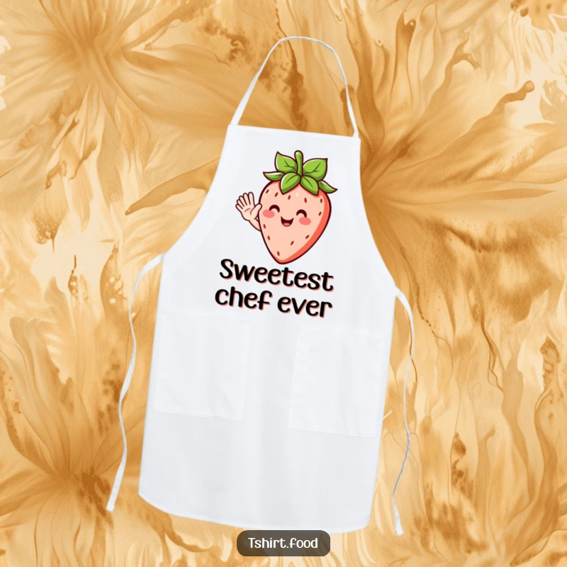 Funny apron featuring a cheerful strawberry character with leafy hair, waving hello while you cook up a storm.