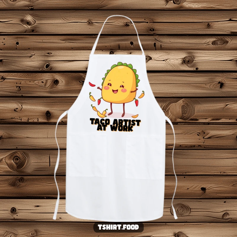 Funny taco apron showing a smiling taco with legs expertly juggling small chiles, a joyful chef accessory.