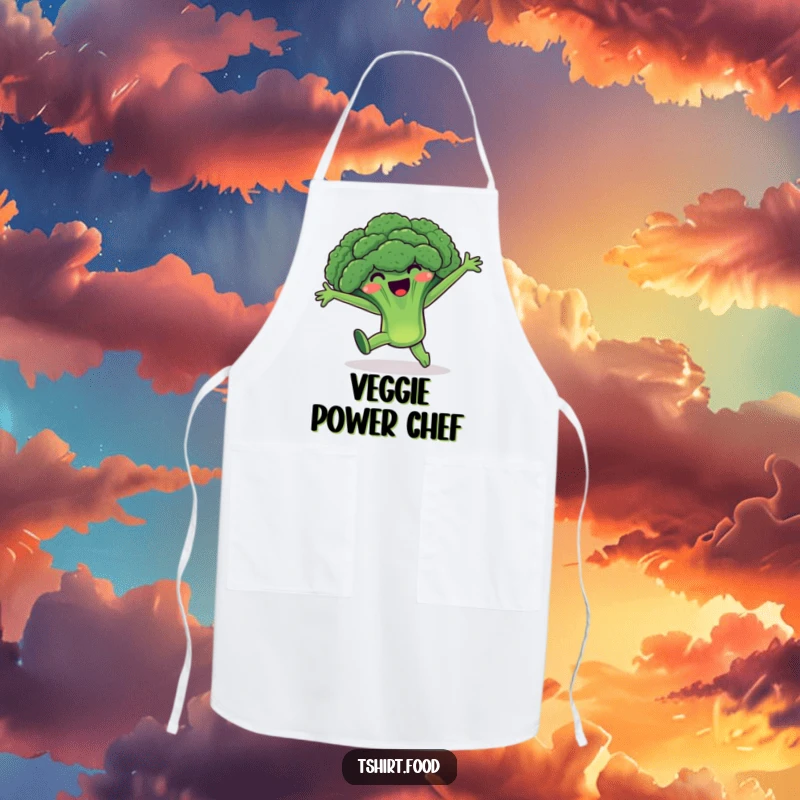 Funny Broccoli Apron: A cheerful broccoli character performs a cartwheel with arms wide, bringing vibrant energy and fun to the kitchen.