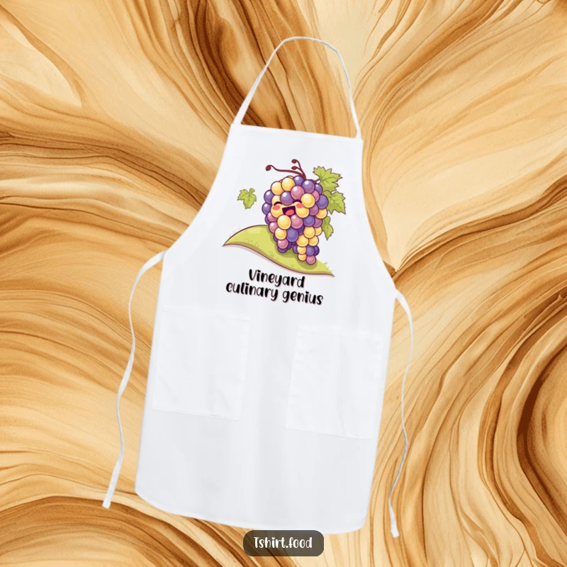 Funny giggling grapes rolling down a hill on a kitchen apron, adding a touch of playful humor to cooking.