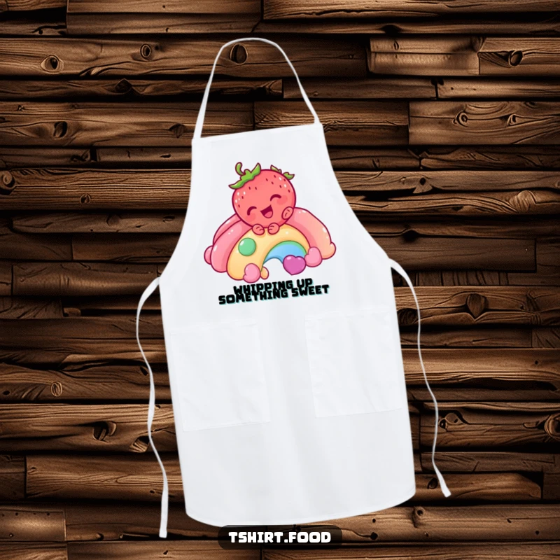 Funny Strawberry Rainbow Apron depicting a giggling strawberry character sliding down a candy rainbow, designed for kitchen protection and cheerful baking experiences.