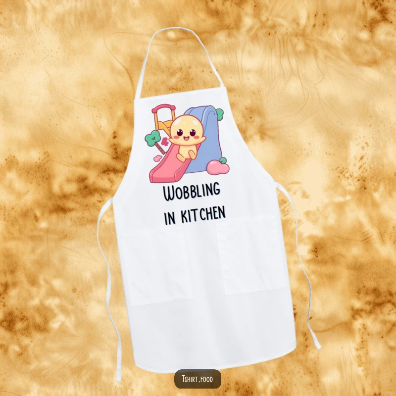 Funny Jelly Slide Apron showing a wobbly jelly character with round eyes, enthusiastically sliding down a slide, perfect for a playful kitchen.