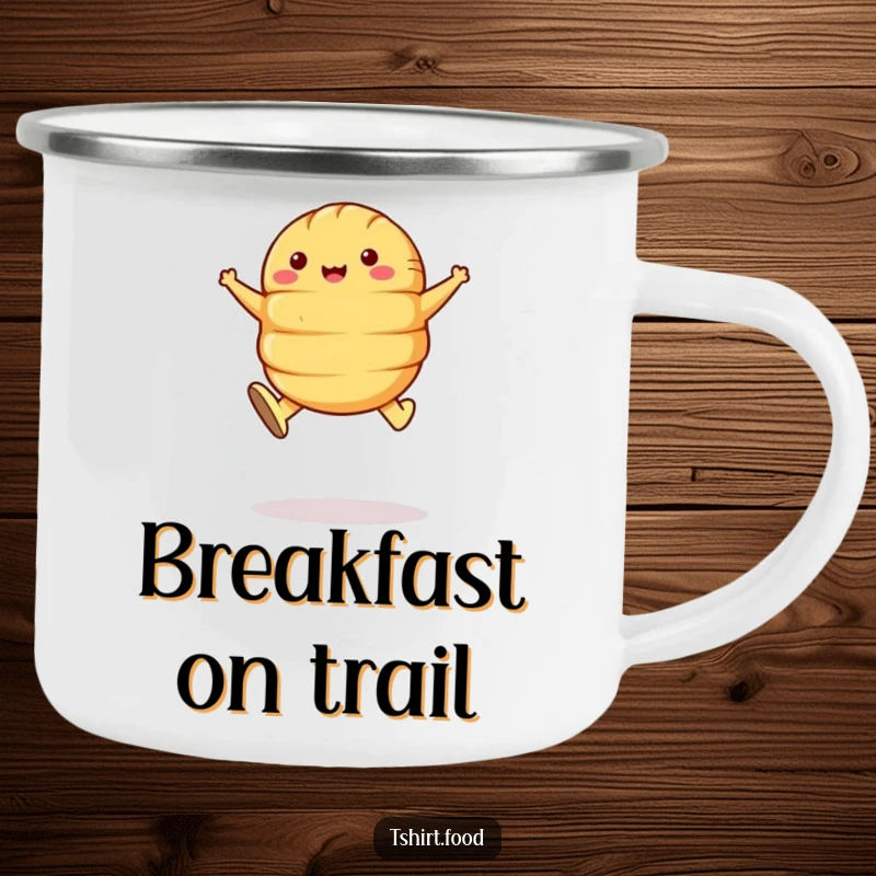 Funny Croissant Leap Camping Mug: A happy croissant with butter shoes jumps, ideal for enjoying drinks outdoors.