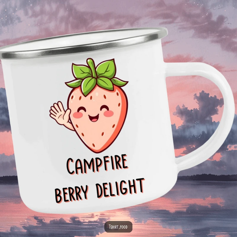 Funny camping mug showcasing a happy strawberry character with leafy hair, waving hello during your outdoor excursions.