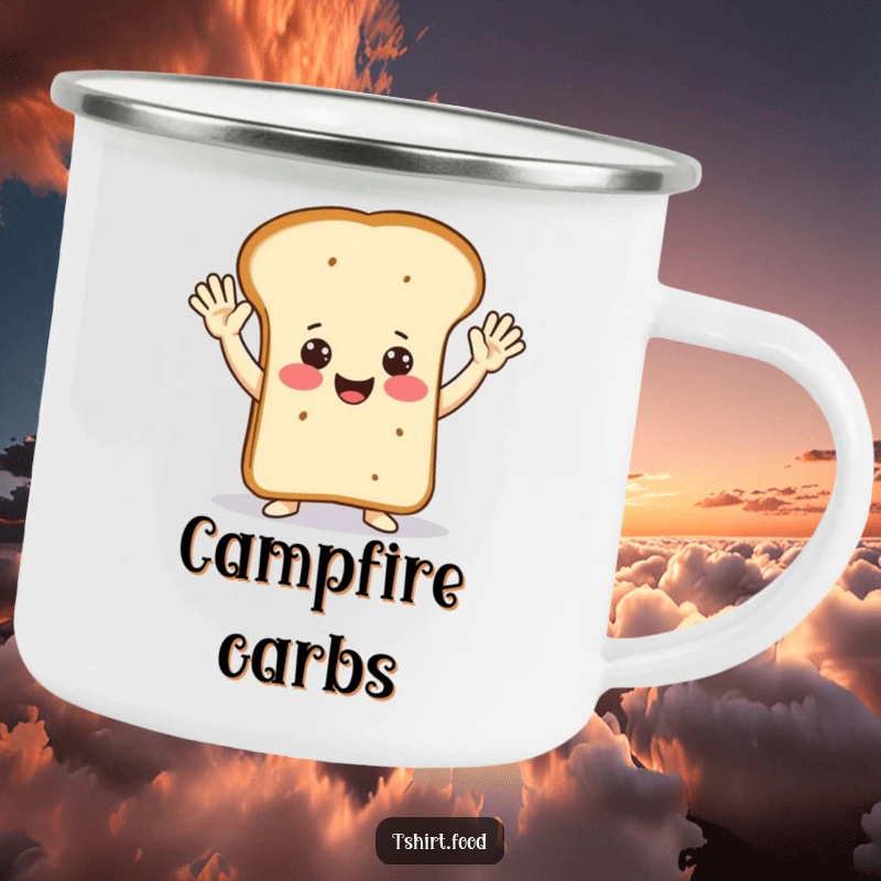 Funny happy loaf of bread doing jazz hands on a durable camping mug, ideal for outdoor cheer.