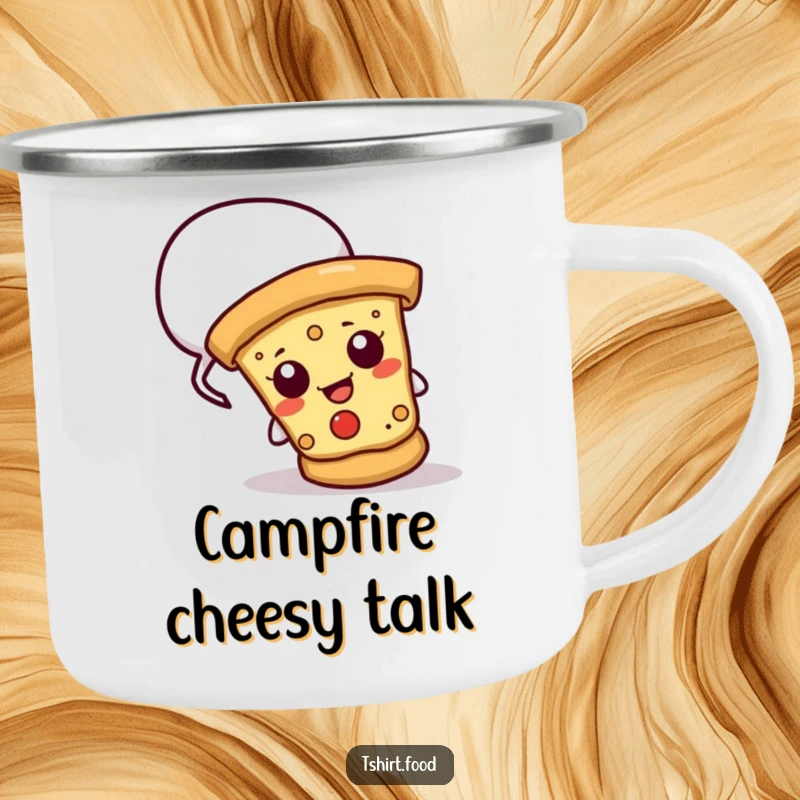 Funny camping mug with a cheesy pizza slice peeking from a speech bubble, ideal for outdoor meals and humorous drinks.