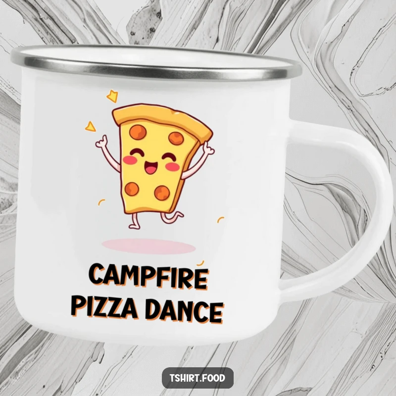Funny camping mug featuring a cheesy pizza slice character doing a happy dance with little legs, designed for outdoor enthusiasts who love pizza and fun.