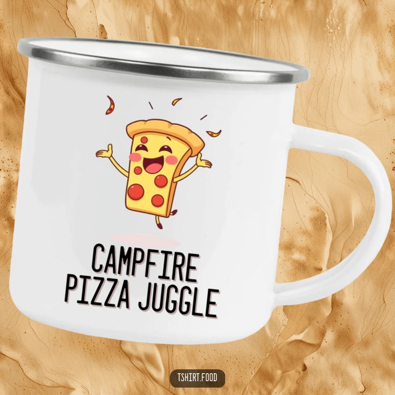 Funny Camping Mug: A gleeful pizza slice juggles playfully, perfect for outdoor enjoyment and cheesy fun.
