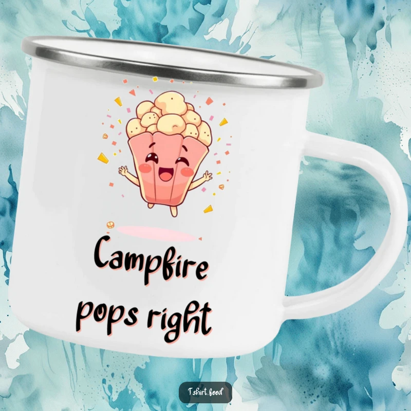 Funny Popcorn Camping Mug: A jubilant popcorn kernel explodes with confetti, perfect for enjoying drinks during outdoor movie nights or parties.