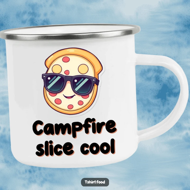 Funny pizza camping mug with a happy slice wearing sunglasses, ideal funny gift.