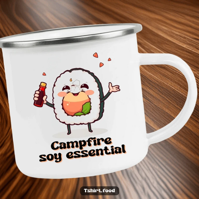 Funny camping mug with a joyful sushi roll character enthusiastically juggling a soy sauce bottle, bringing culinary humor to outdoor drinks.