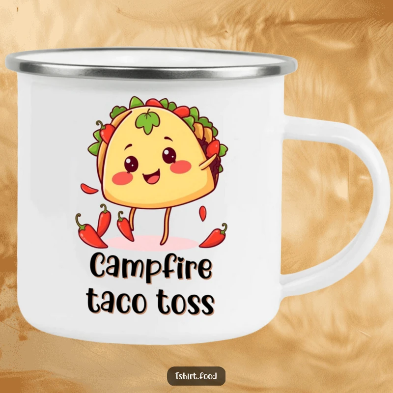 Funny juggling taco enamel camping mug with a smiling taco juggling chili peppers, durable and full of festive fun.