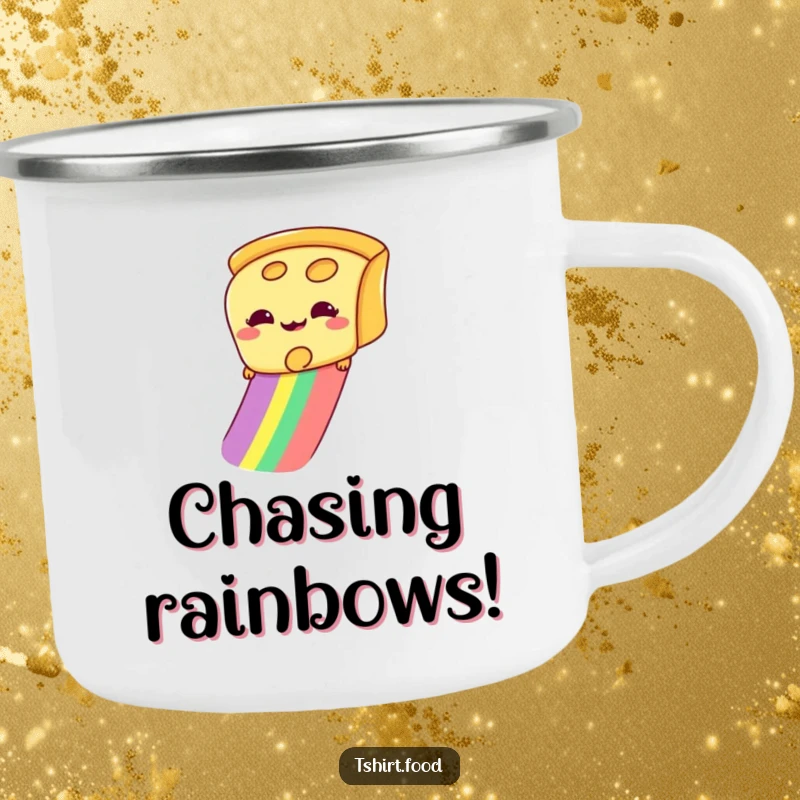 Funny camping mug depicting a giddy slice of cheese sliding down a rainbow, built for outdoor adventures and cheesy smiles.