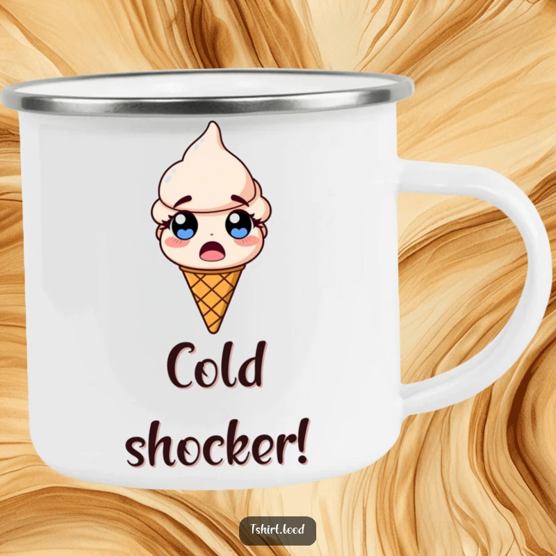 Funny camping mug depicting a shocked ice cream cone with wide, bulging eyes, built for outdoor fun and laughter.
