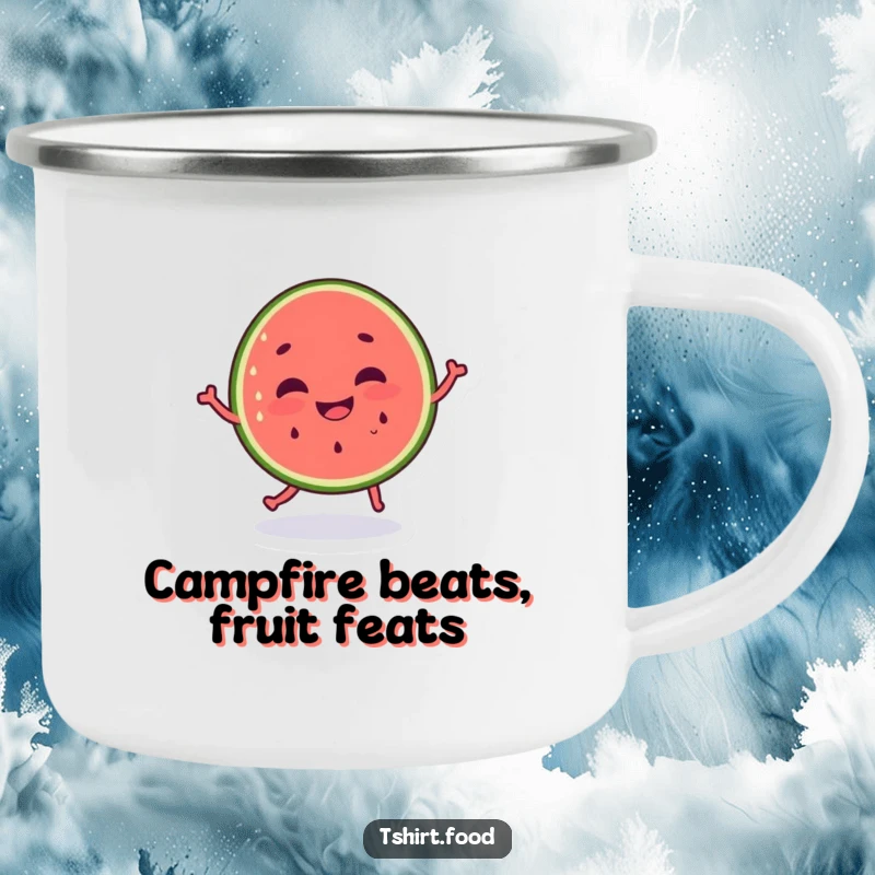 Enamel funny dancing watermelon camping mug, silly grin, perfect for outdoor enthusiasts who love humor. Great funny gift.